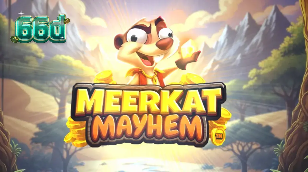 Tampilan layar slot Meerkat Mayhem dengan latar belakang gurun dan simbol artefak kuno